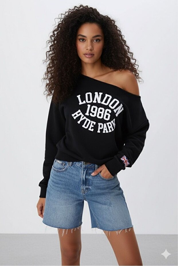 Women's London Printed One Shoulder Boat Neck New Season Oversize Sweatshirt