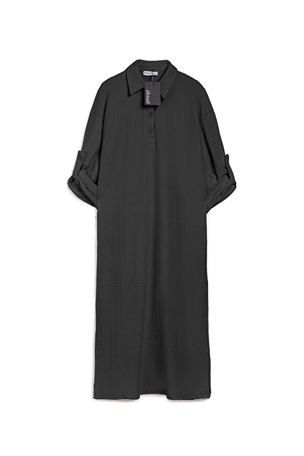 Yırtmaçlı Uzun Örme Elbise Siyah - 1