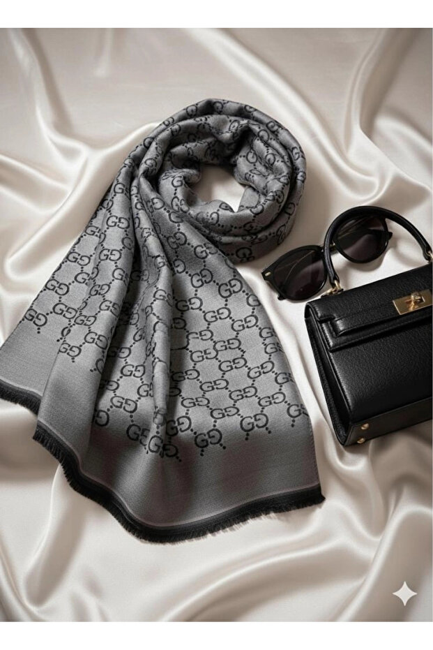 G Pattern Self-Textured Patterned Italian Double-Sided Shawl Grey-Black - 1