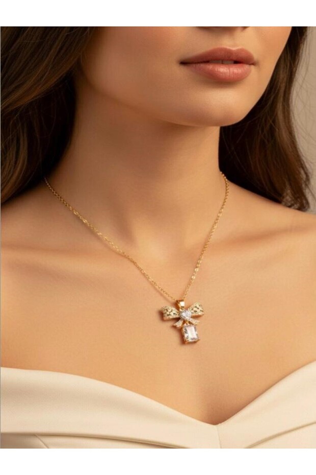 Gold Color Dangle Bowknot Sf Chain Steel Necklace