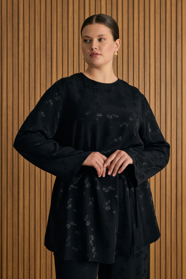 Floral Jacquard Patterned Tie-Waist Tunic