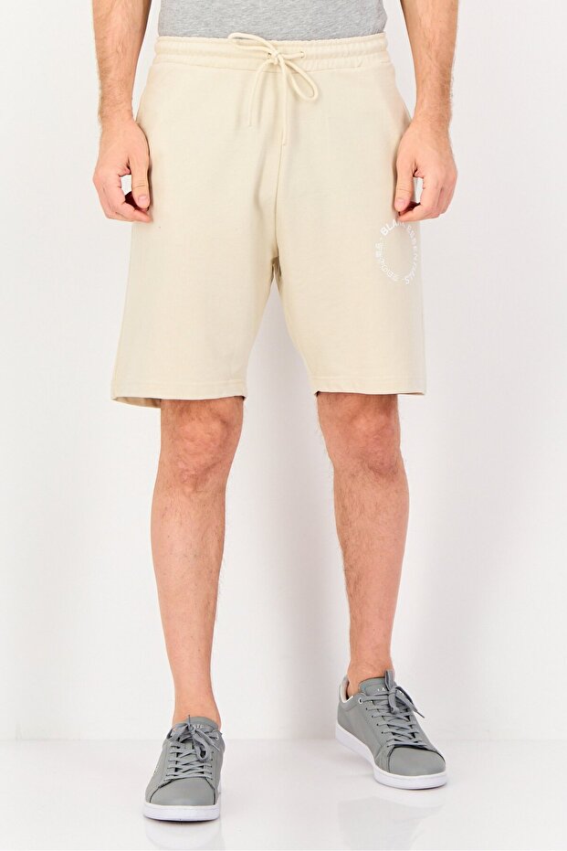 Men Brand Logo Basic Shorts, Beige - 1