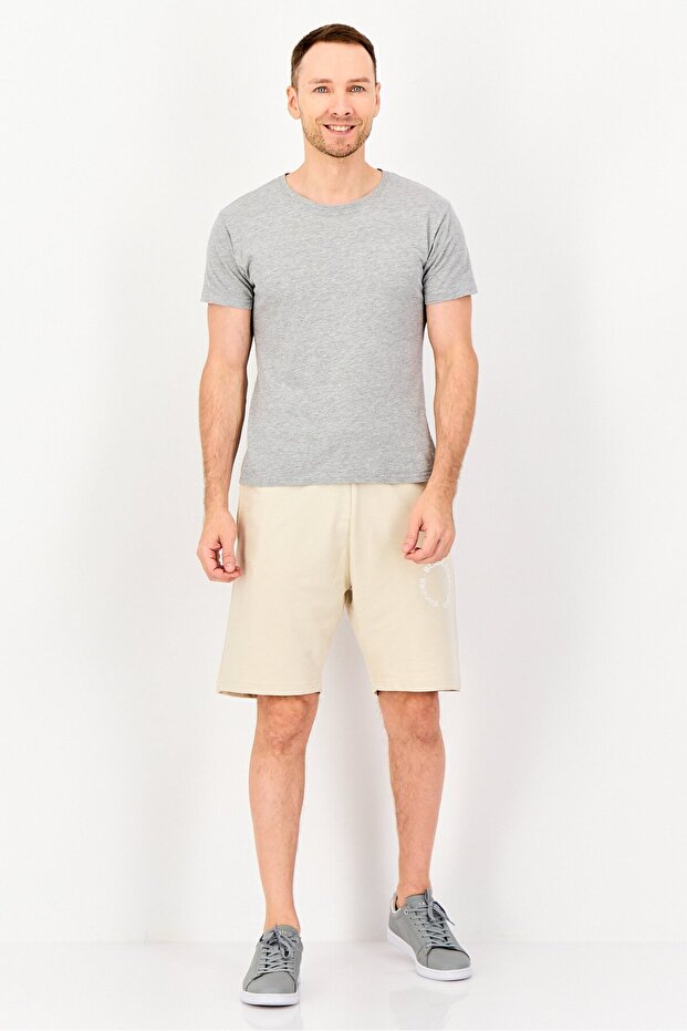 Men Brand Logo Basic Shorts, Beige - 4