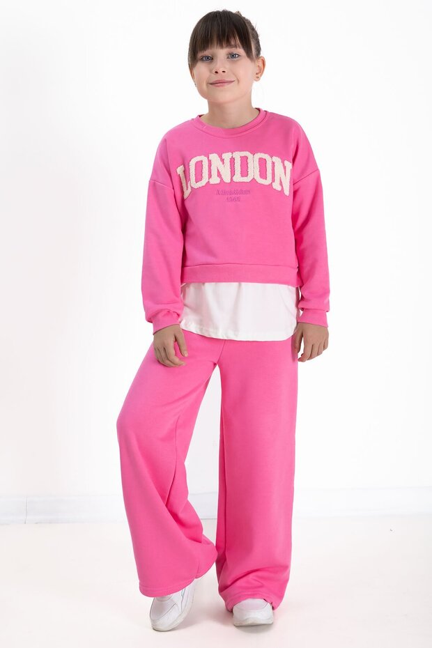 Pink London Written Embroidered Girls' Wide Leg Tracksuit Set 22724