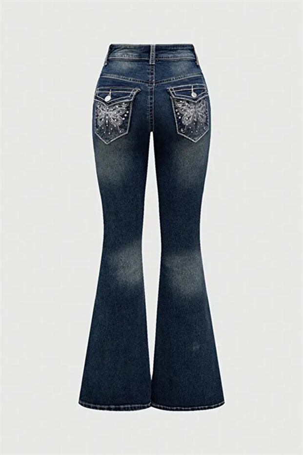 Navy Blue Butterfly Pocket Detailed Spanish Leg Y2K Pants