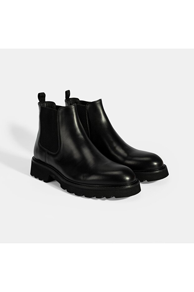 Men's Black Leather Boots with Rubber Detail