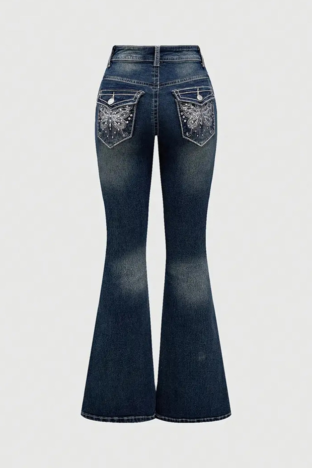 Navy Blue Butterfly Pocket Embroidery Detailed I Flared Ot Trousers