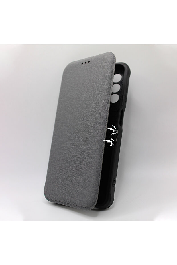 Anti-Shock Book Case for Apple Iphone 13 Pro Max, Textile Material, Gray - 5