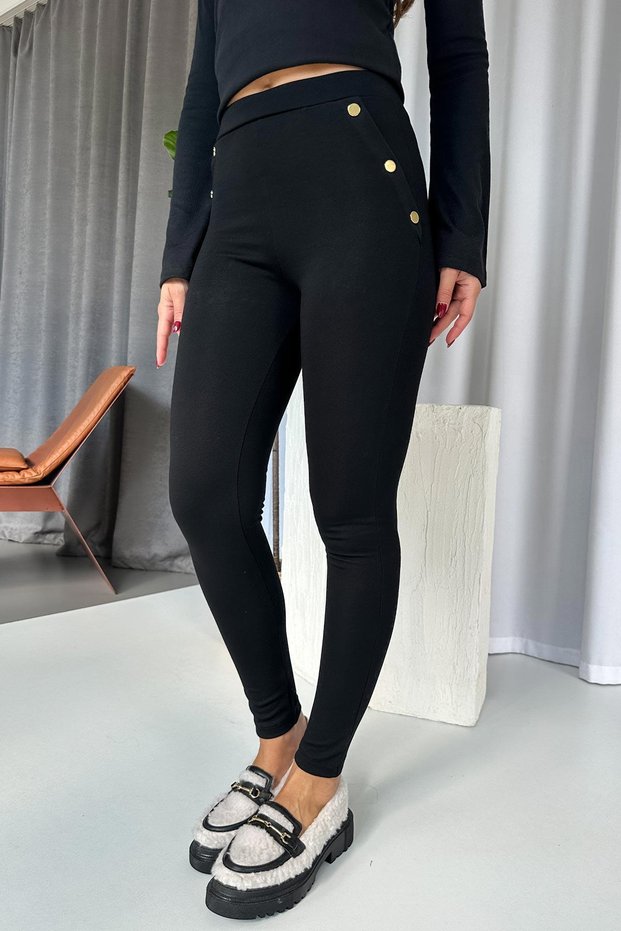 High Waist Gold Button Detail Women's Leggings - Black