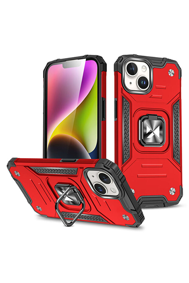 Armor Ring Case for Apple iPhone 15, Ring Support, Rugged Durable Case, Red - 1
