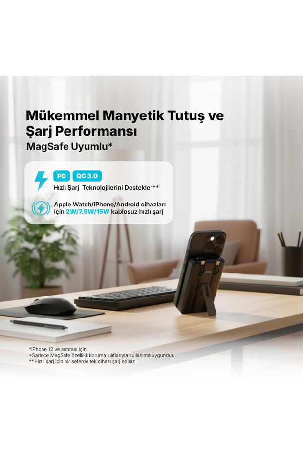 ReCharger M 10.000mAh MagSafe Uyumlu PD 20W Lightning ve USB-C Dahili Kablolu Stantlı 2BB237S - 5