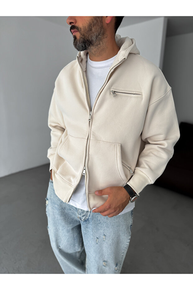 Bej Fermuar Cepli Kapüşonlu Sweatshirt YP-5015 - 2