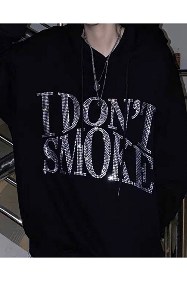 Unisex Oversize I Don'T Smoke Glitter Stone Printed Sweatshirt