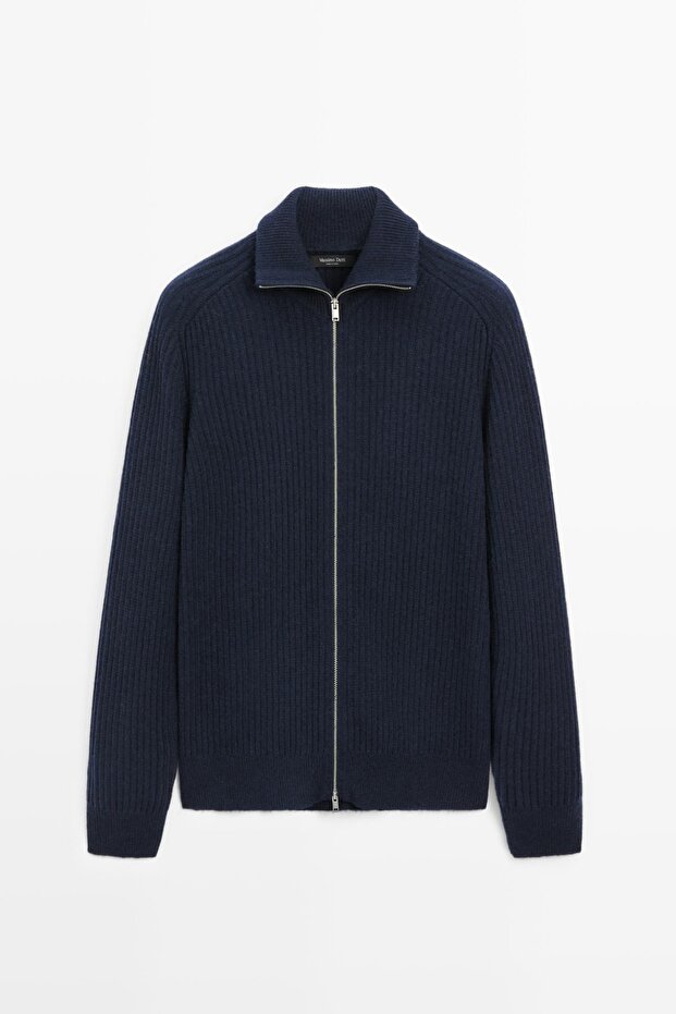 Fermuarlı yün karışımlı triko hırka - 5