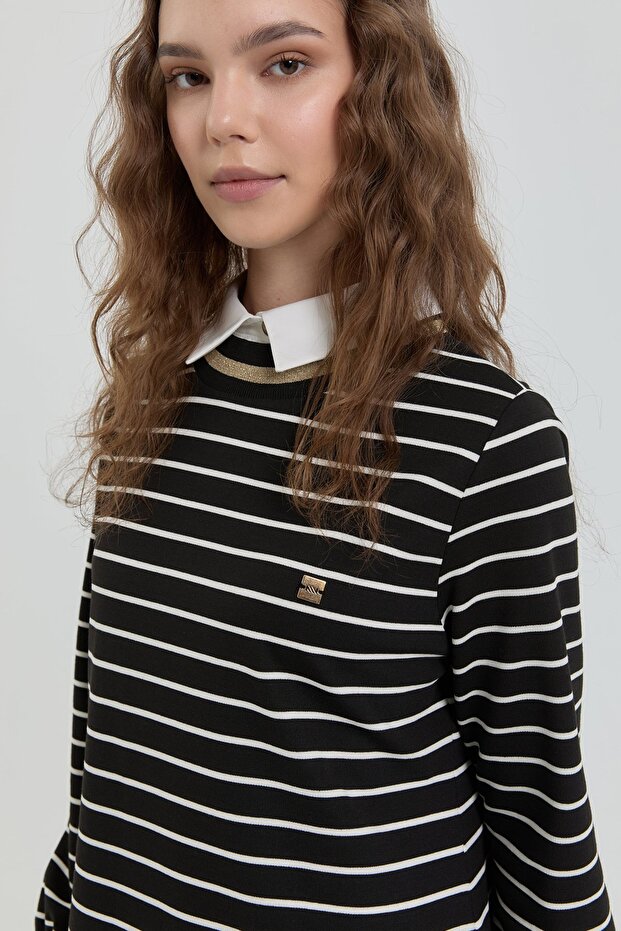 Çizgili Gömlek Yaka Örme Çelik Tunik Siyah - 4