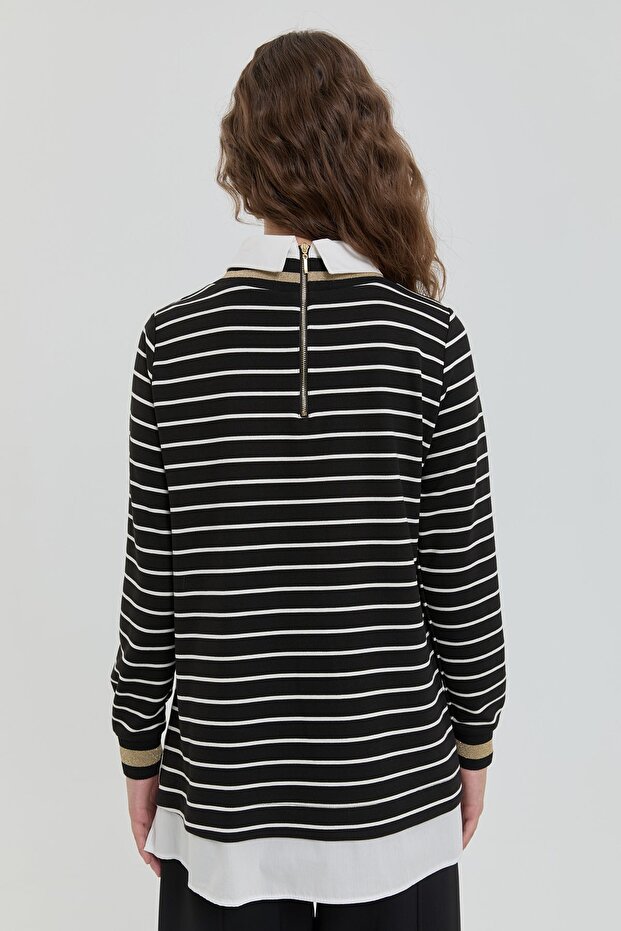 Çizgili Gömlek Yaka Örme Çelik Tunik Siyah - 6