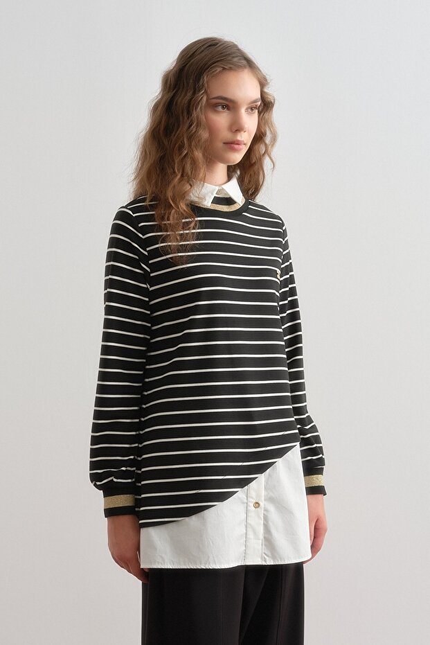 Çizgili Gömlek Yaka Örme Çelik Tunik Siyah - 2