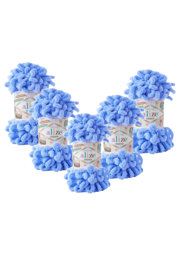 ( 5 Adet ) Puffy El Örgü Ipliği 5'li Paket - 112 Mavi - 100 Gr. 9 Mt. Parmak Örgü Ipi - 1