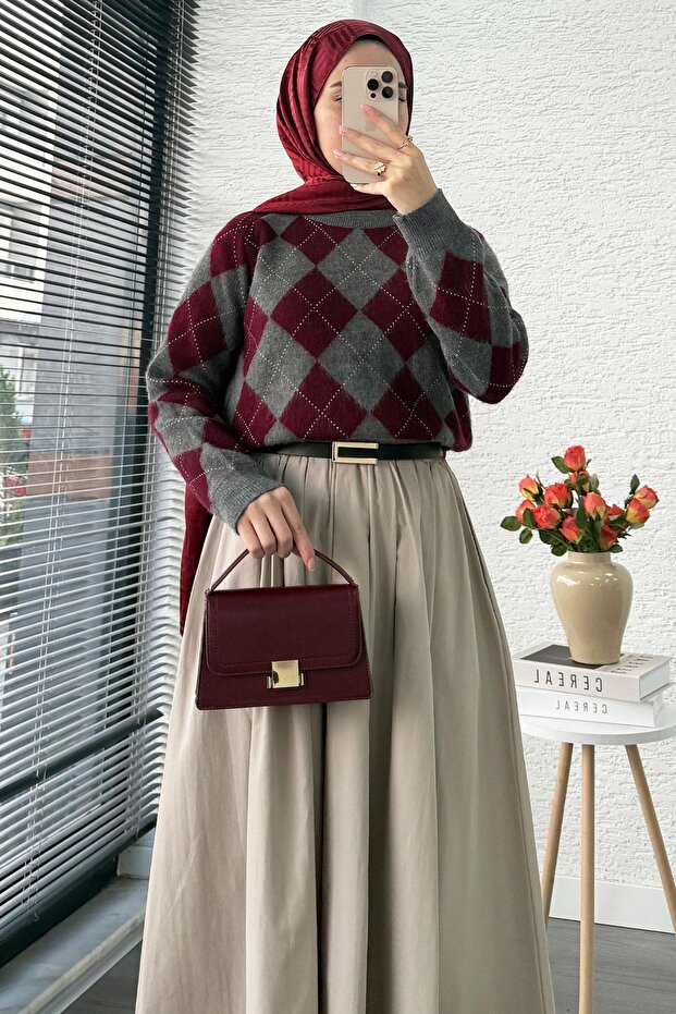 Baklava Patterned Short Women's Sweater - Burgundy