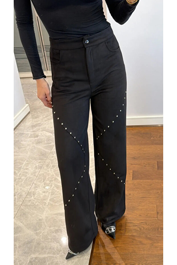 Black Staple Detailed Trousers - 40582