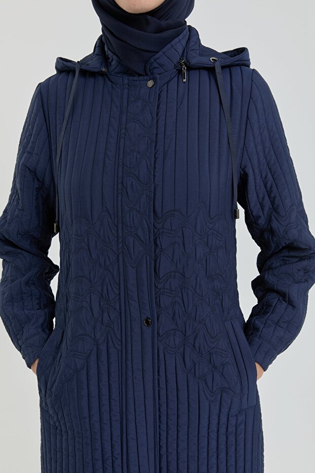 Plus Size Thin Quilted Overcoat - Navy Blue - 3