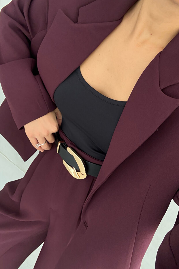 Mürdüm Oversize Tek Düğmeli Ceket Pantolon Takım - 5