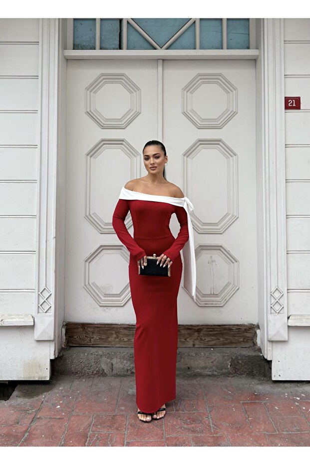 Red White Long Sleeve Crepe Dress 583335