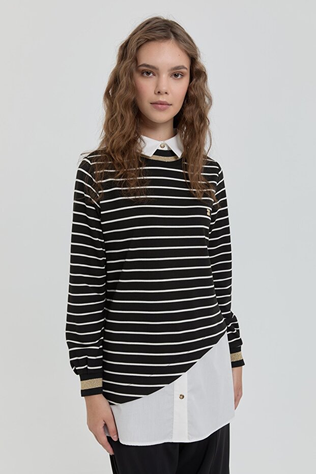 Çizgili Gömlek Yaka Örme Çelik Tunik Siyah - 3