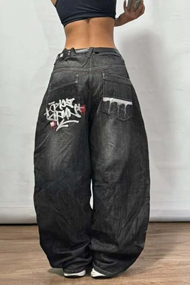Karakedi Baggy Siyah Yıkamalı Cep Grafitty Nakış Detay Y2k Denim Pantolon