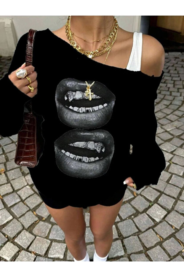 Women's Lip Print One Shoulder Boat Neck New Season Oversize Sweatshirt