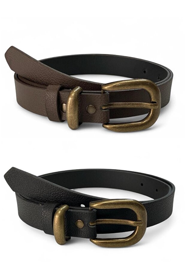 Women's Antique Plated Buckle Black-Brown 2-Piece Belt Set