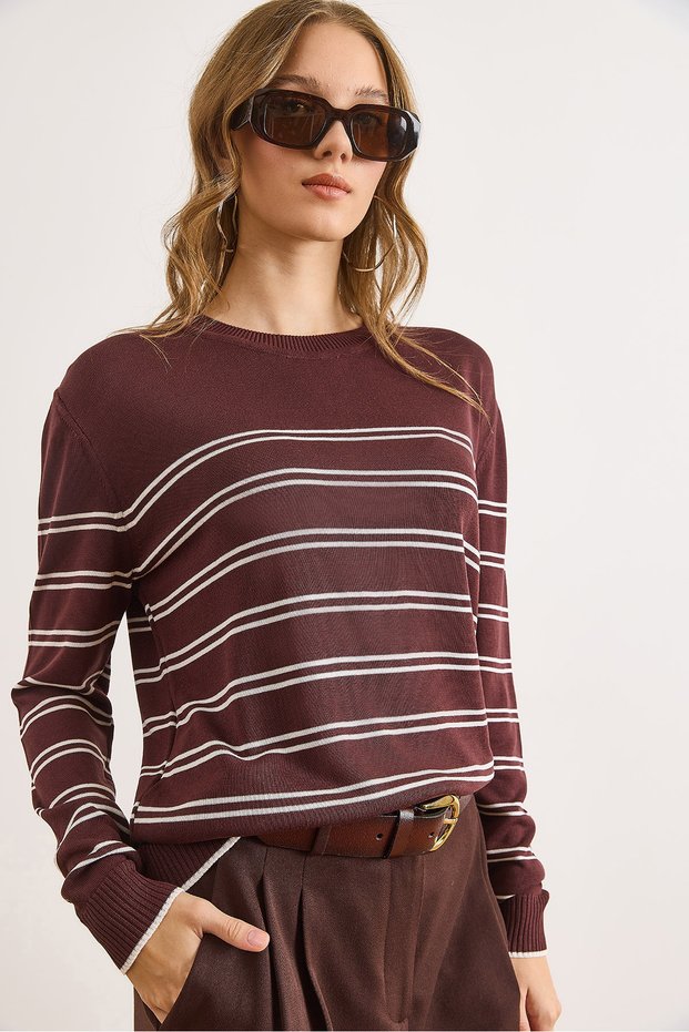 Women's Brown Viscose Crew Neck Striped Flowy Slim Knit Sweater Kzk-19001011
