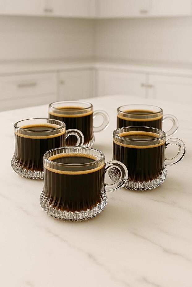 6-Piece Glass Coffee Cup Set – Modern Espresso and Turkish Coffee Cups with Handles - Set of 6 Cups