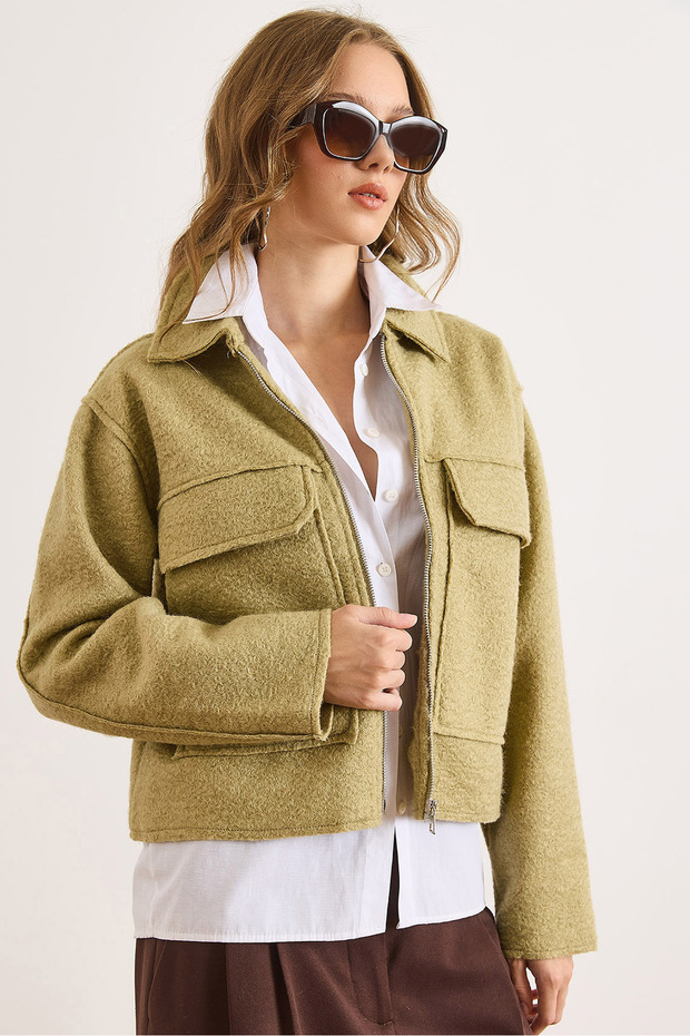 Women's Light Khaki Zippered Pocket Unlined Cashmere Jacket Ckt-19000482