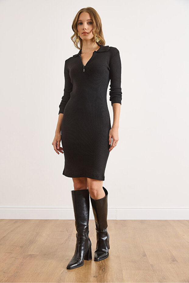 Kadın Siyah Şardonlu Fermuarlı Basic Mini Elbise ELB-19002545 - 2