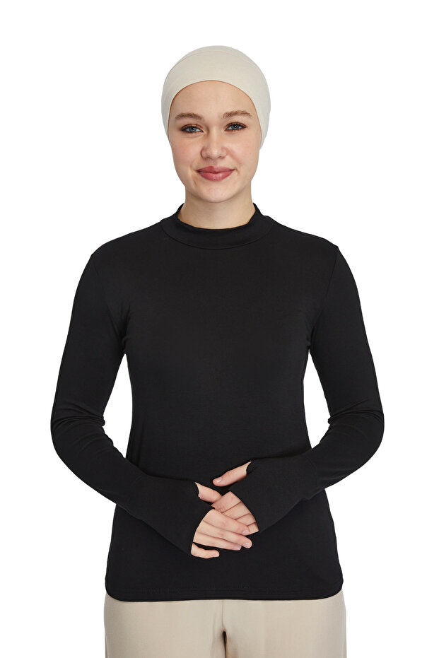 Fingerless Turtleneck Women's Bodysuit – Organic Viscose Lycra, Anti-Sweat - Black
