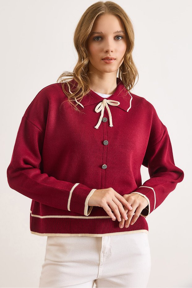 Women's Burgundy Baby Collar Button Lace Detailed Knitwear Sweater Kzk-19001003