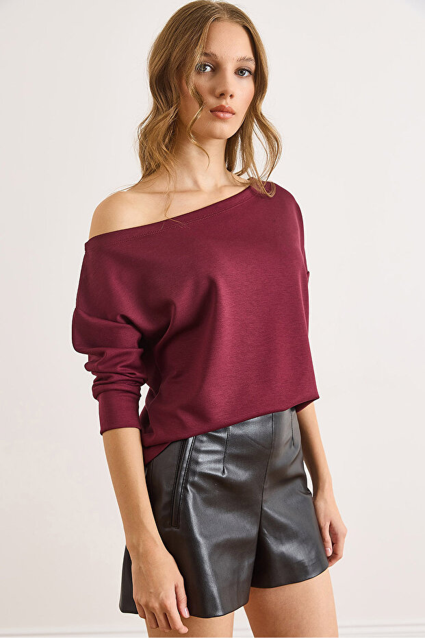 Women's Burgundy Modal Boat Neck Soft Textured Blouse Blz-19003131