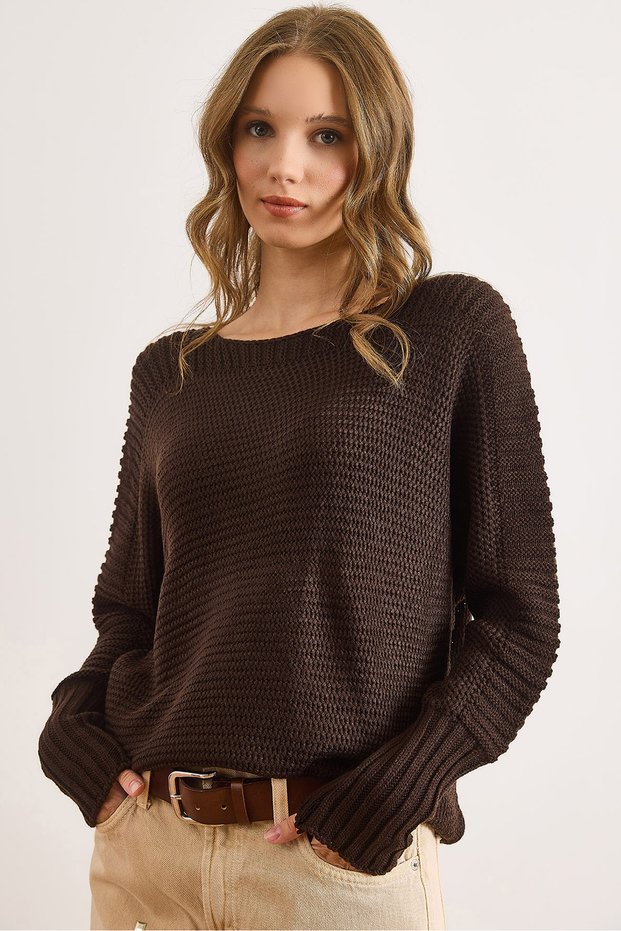 Women's Brown Sleeve Detailed Honeycomb Knit Sweater Kzk-19000399