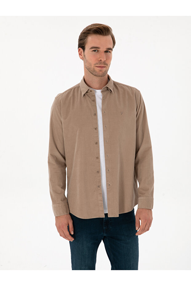 Beige Regular Fit 100% Cotton Ribbed Shirt 50310504-Vr011