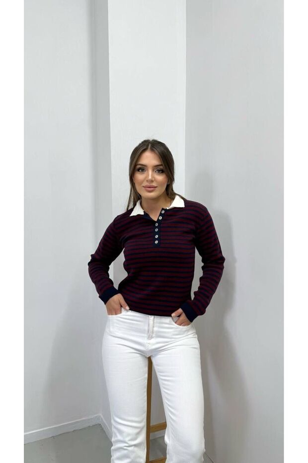 Collar Detail Striped Knitwear Sweater