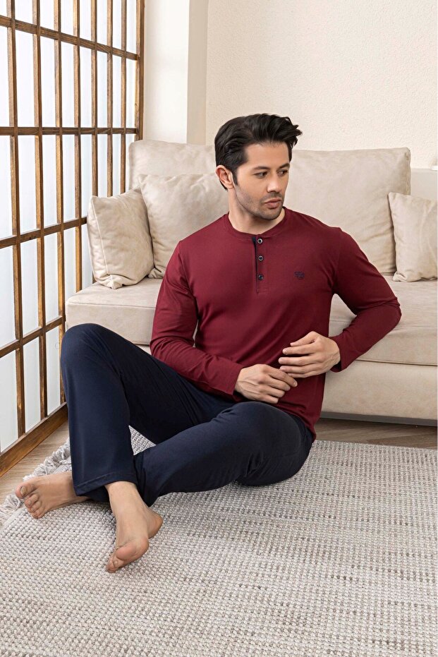 Erkek Düz Renk 3 Düğmeli %100 Pamuk Mevsimlik Uzun Kol Cepli Pijama Takımı - 3