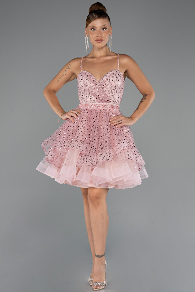 Pudra Askılı Kısa Pullu Abiye Elbisesi ABK2435 - 1