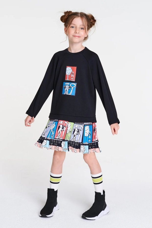 She&She Brand 4-12 Years Old Girls' Black Knitted Fabric Sweat Top with Dalmatian Dog Pattern Pleated Dress