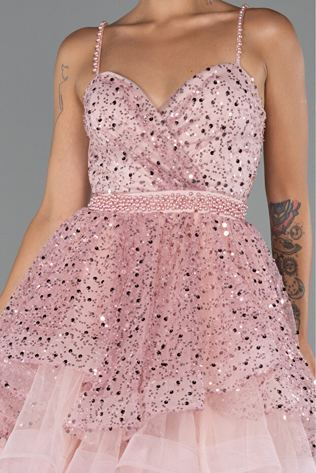 Pudra Askılı Kısa Pullu Abiye Elbisesi ABK2435 - 3