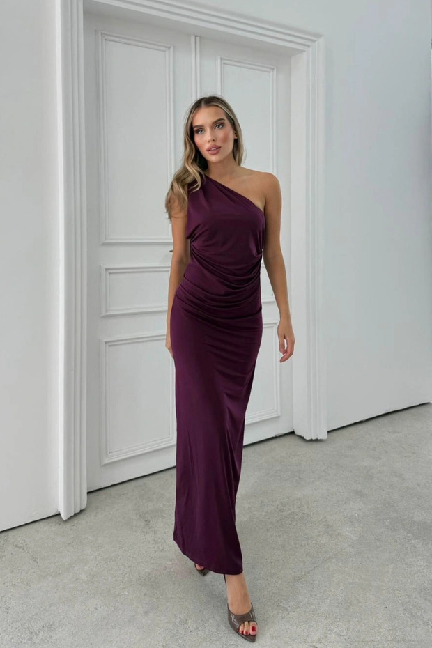 Tek Omuz Fularlı Uzun Sandy Elbise - 3