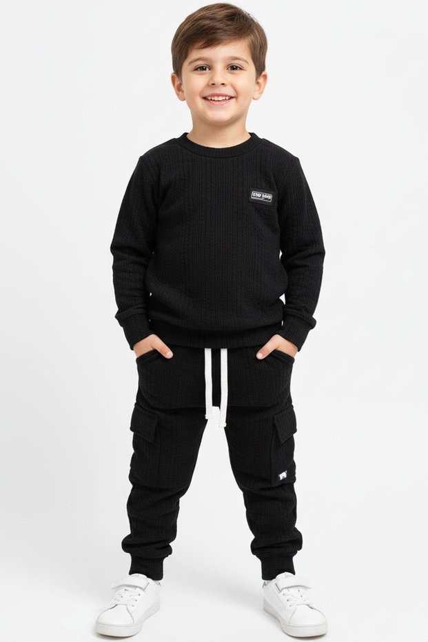 Seasonal Wrinkled Fabric Boys' Tracksuit Set with Pocket Detail