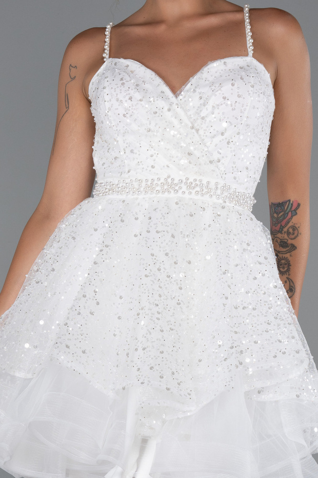 Ekru Askılı Kısa Pullu Abiye Elbisesi ABK2435 - 4