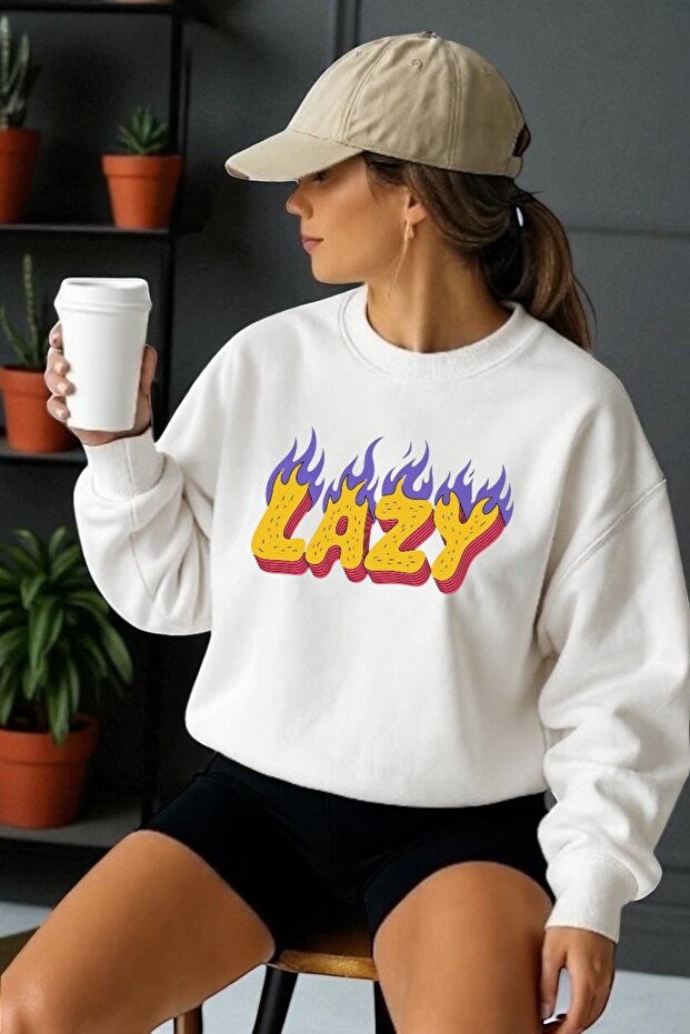 Unisex Long Sleeve Lazy Transfer Printed Crew Neck Sweatshirt