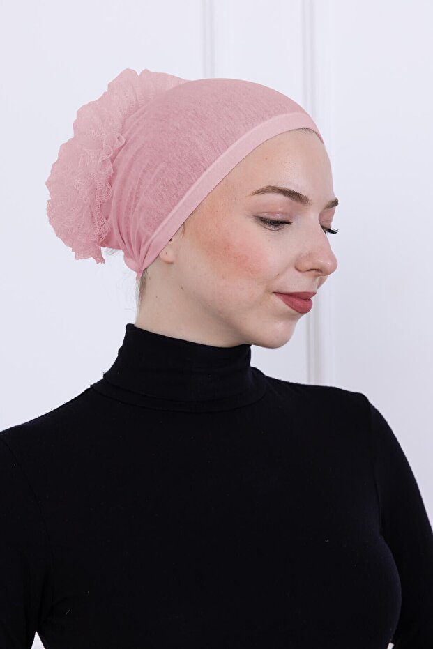Ruffled Front Stitched Combed Cotton Bonnet - Women's Hijab Tie-On Bun Inner Bonnet-Pink